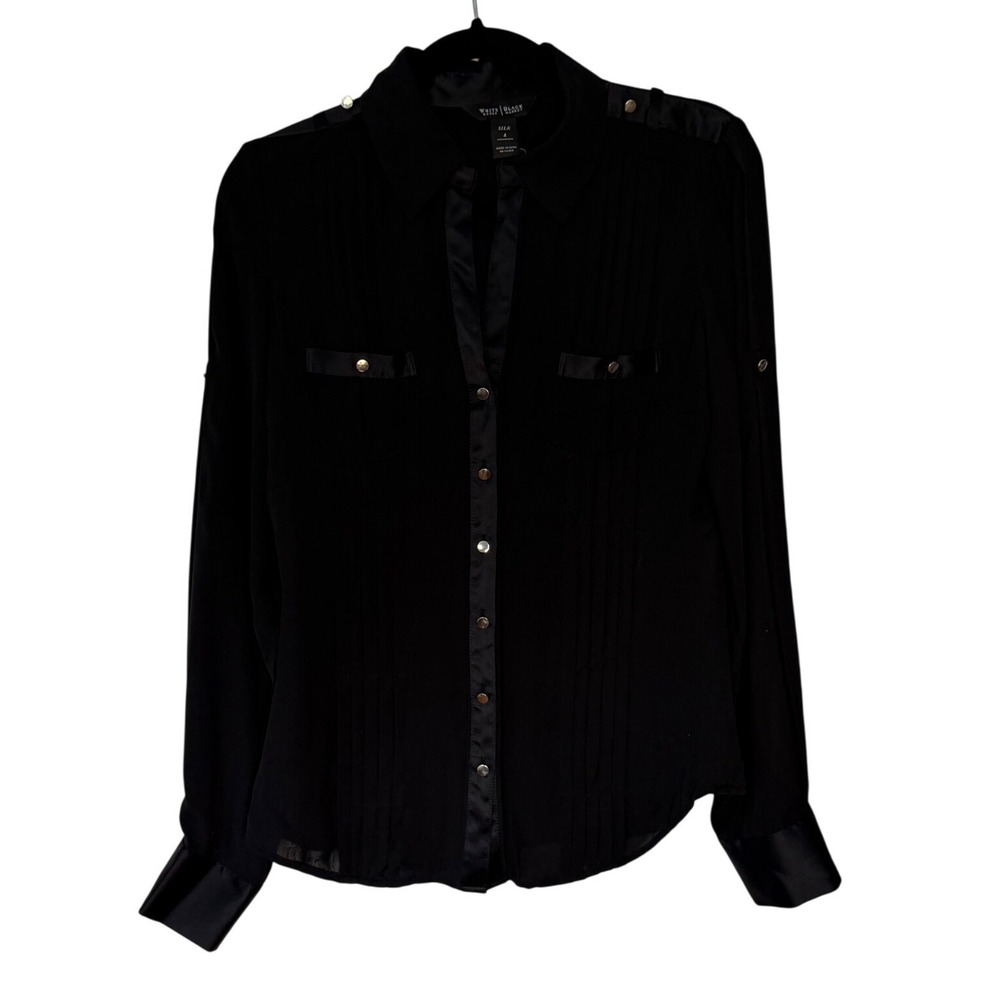 White House Black Market Black 100% Silk Satin Trim Military Blouse Size 4